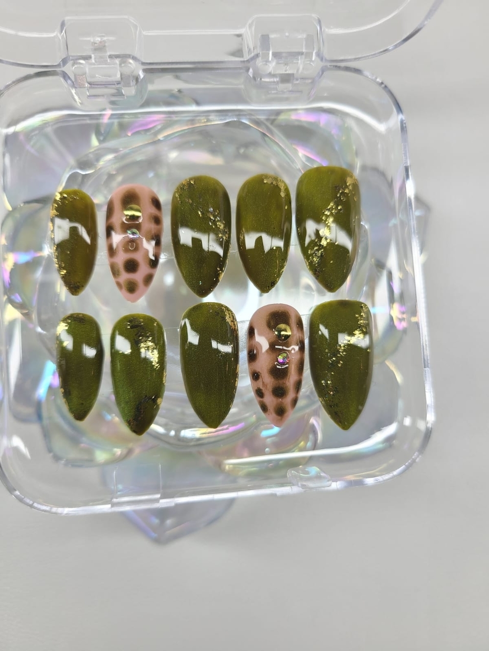 Size-Small- Olive Green Nails with Gold And Nude
